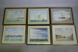 Five watercolours depicting boating scenes, monogrammed JB, and a print by Stanley Orchart, Bucklers