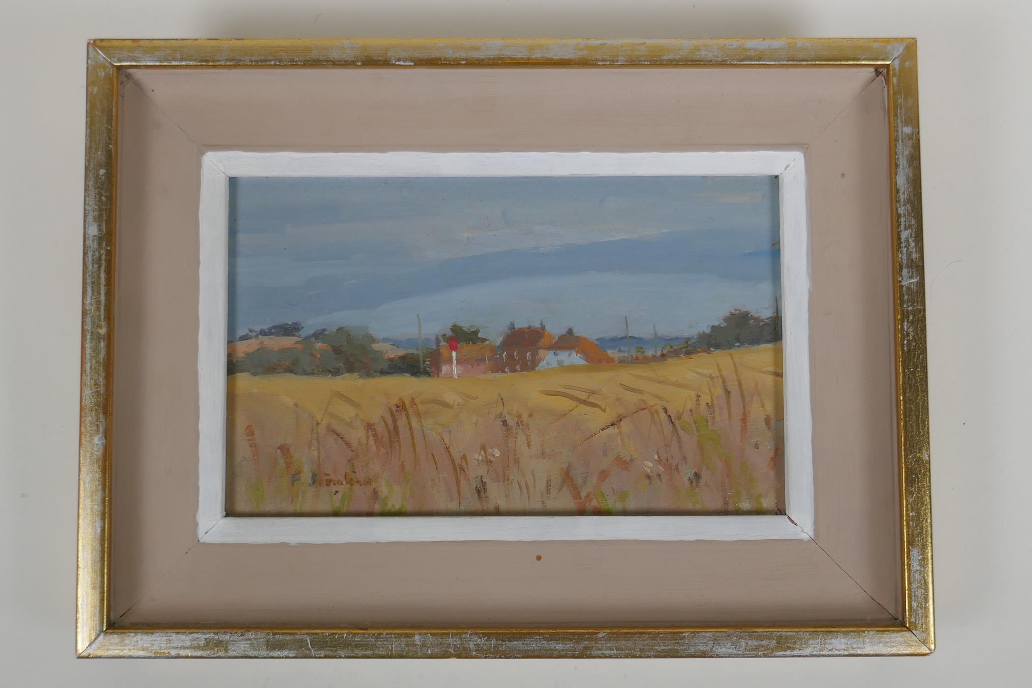 A cornfield with distant house, indistinctly signed, dedication verso, oil on board, 20 x 13cm - Image 2 of 4