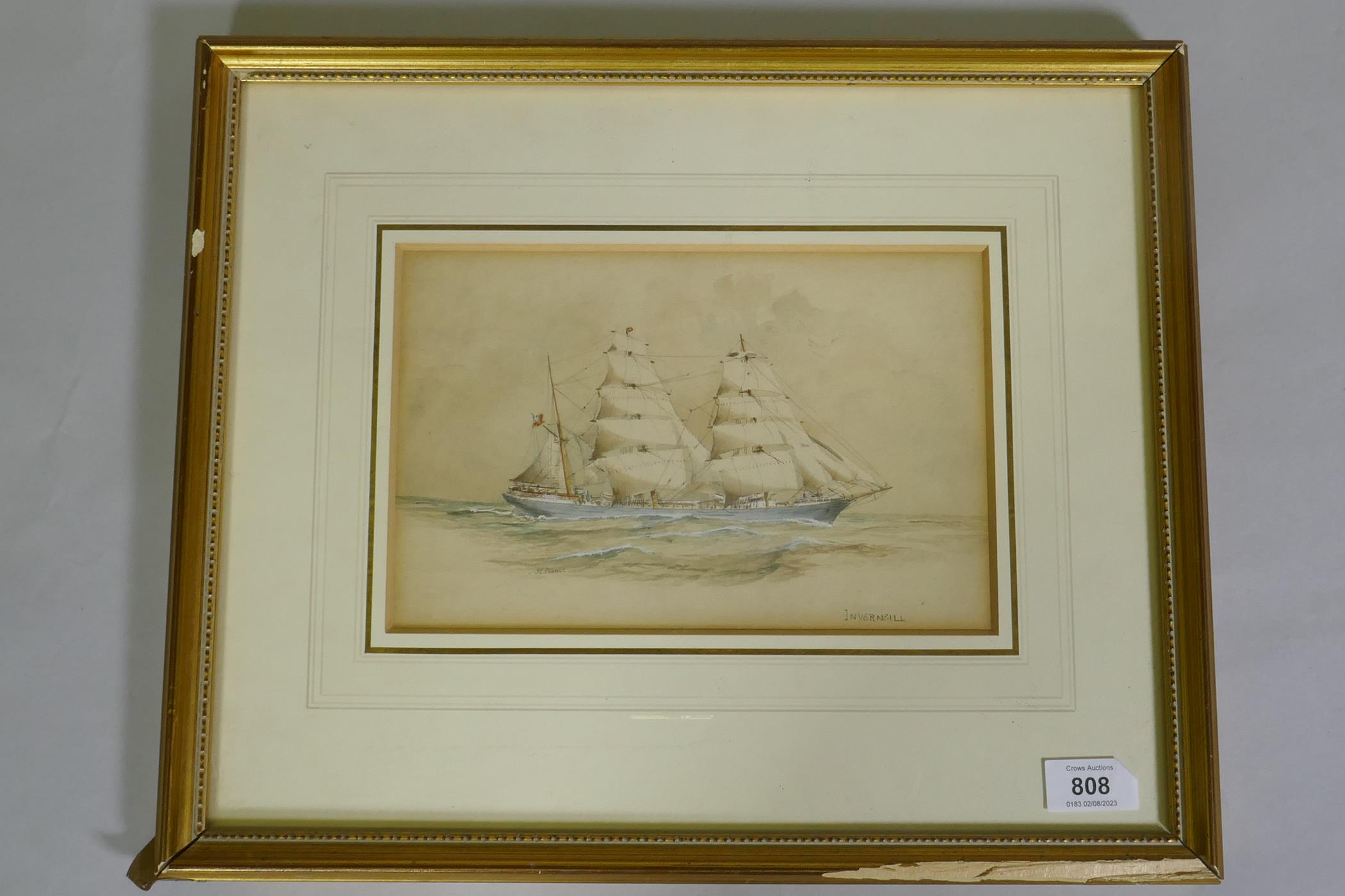 J.E. Cooper, Inverneill, a three masted steel hull barque, watercolour, signed, 25 x 16cm - Image 2 of 4