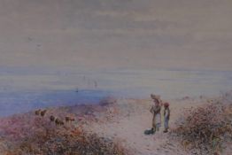 Thomas Dingle Jr, (British, 1844-1919), cliff top with shepherd and his flock, C19th watercolour, 37