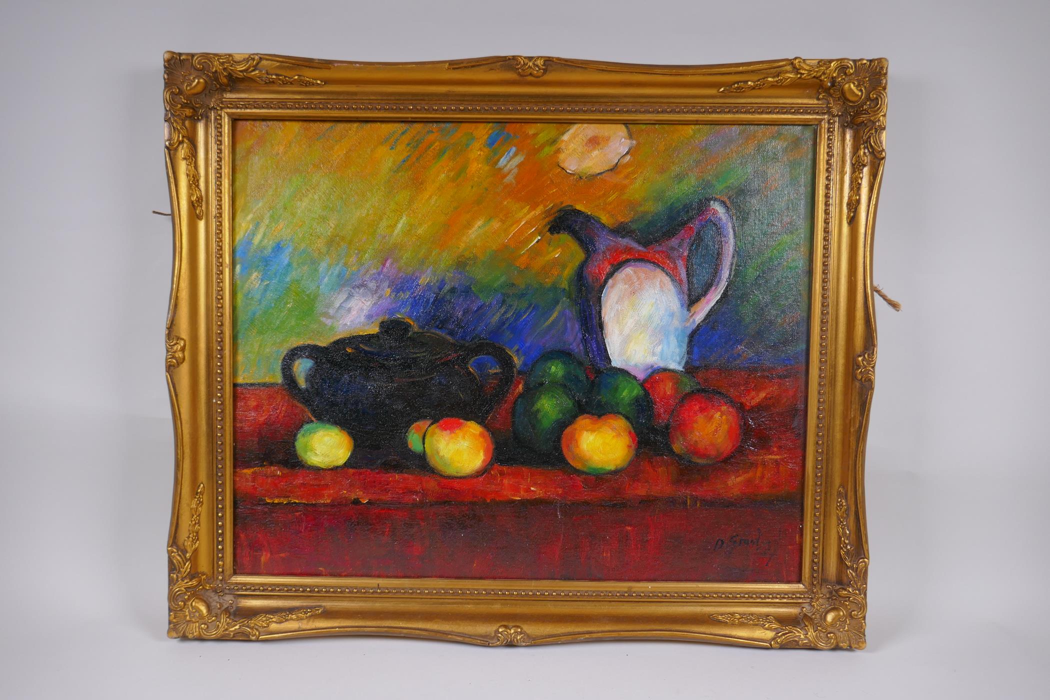 After Duncan Grant, (British, 1885-1978), still life with fruit and jugs, oil on board, 50 x 41cm - Image 2 of 4