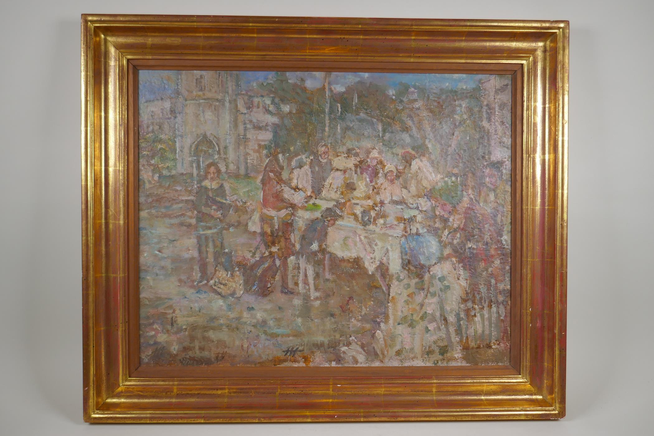 Figures at a street market, monogrammed, housed in a good water gilt frame, Impressionist style - Image 2 of 5