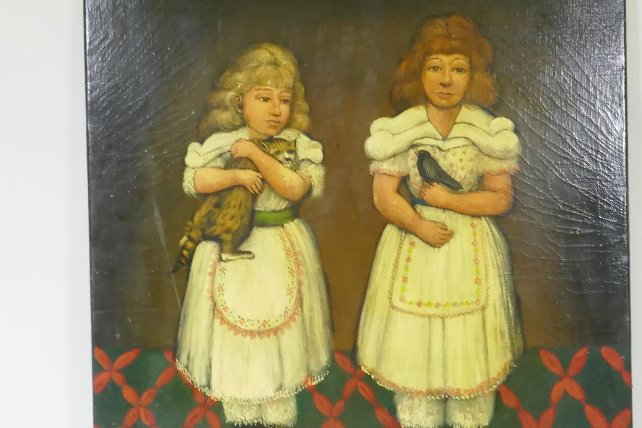 Naive portrait of two young girls, one with a cat, the other a bird, oil on canvas, C20th, 77 x 92cm - Image 3 of 4