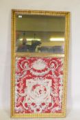 A C19th French watergilt trumeau mirror with textile panel, 138 x 73cm
