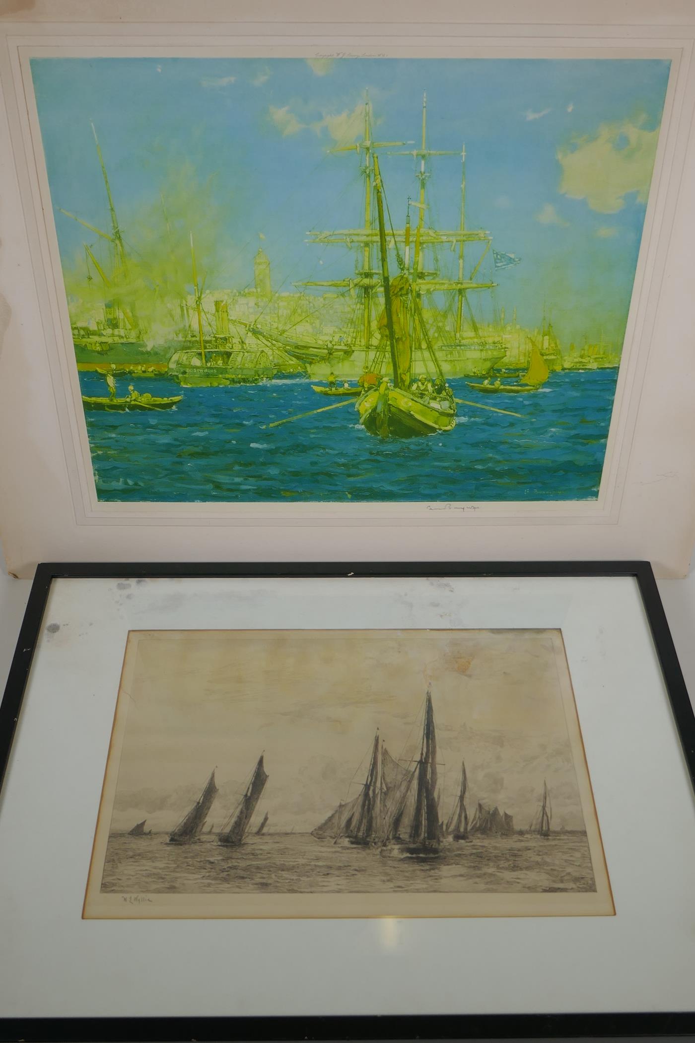 Frank Brangwyn, signed print, shipping off Constantinople, with blind stamp, together with a William