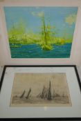 Frank Brangwyn, signed print, shipping off Constantinople, with blind stamp, together with a William