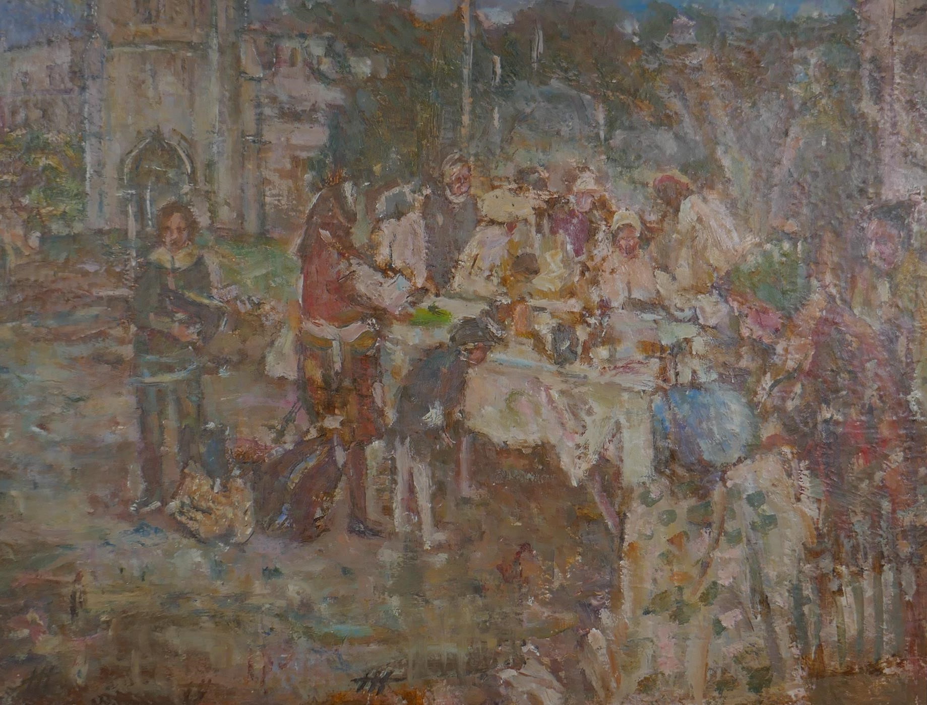 Figures at a street market, monogrammed, housed in a good water gilt frame, Impressionist style