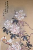 An Oriental watercolour scroll depicting white roses and asiatic birds, signed, 52 x 110cm