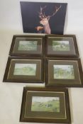 Five framed hunting prints in oak frames, and a photographic print on canvas of a stag, largest 70 x
