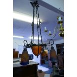 An early C20th French Muller Freres Luneville painted wrought iron and glass chandelier, 1 shade