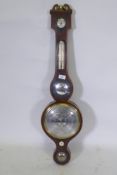 C19th mahogany banjo barometer with silvered dials, inscribed Ruff Exeter, 95cm long
