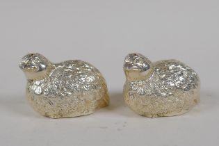 A pair of silver plated salts in the form of chicks, 6cm