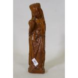 Antique salt glazed stoneware figure of a woman bearing an orb, possibly the Madonna, 36cm high