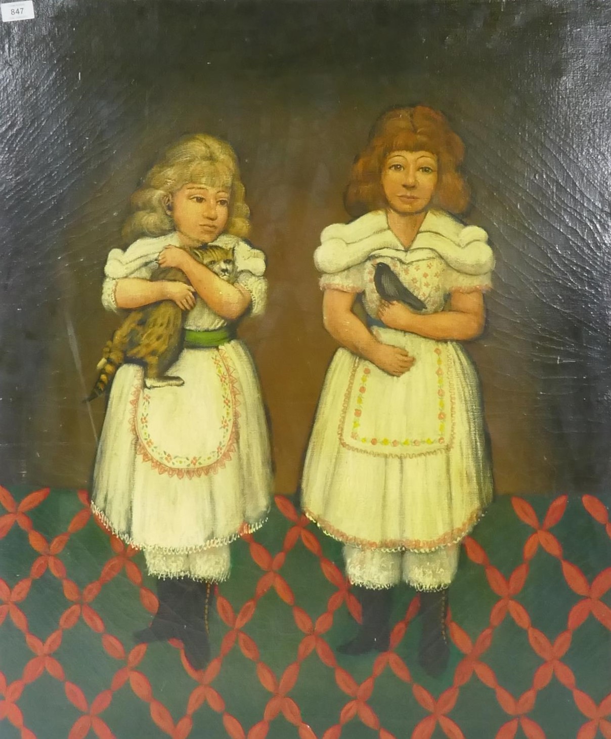 Naive portrait of two young girls, one with a cat, the other a bird, oil on canvas, C20th, 77 x 92cm