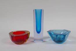 A 1960s Murano 'Sommerso' glass vase and two 'Sommerso' faceted glass ash trays, unmarked, largest