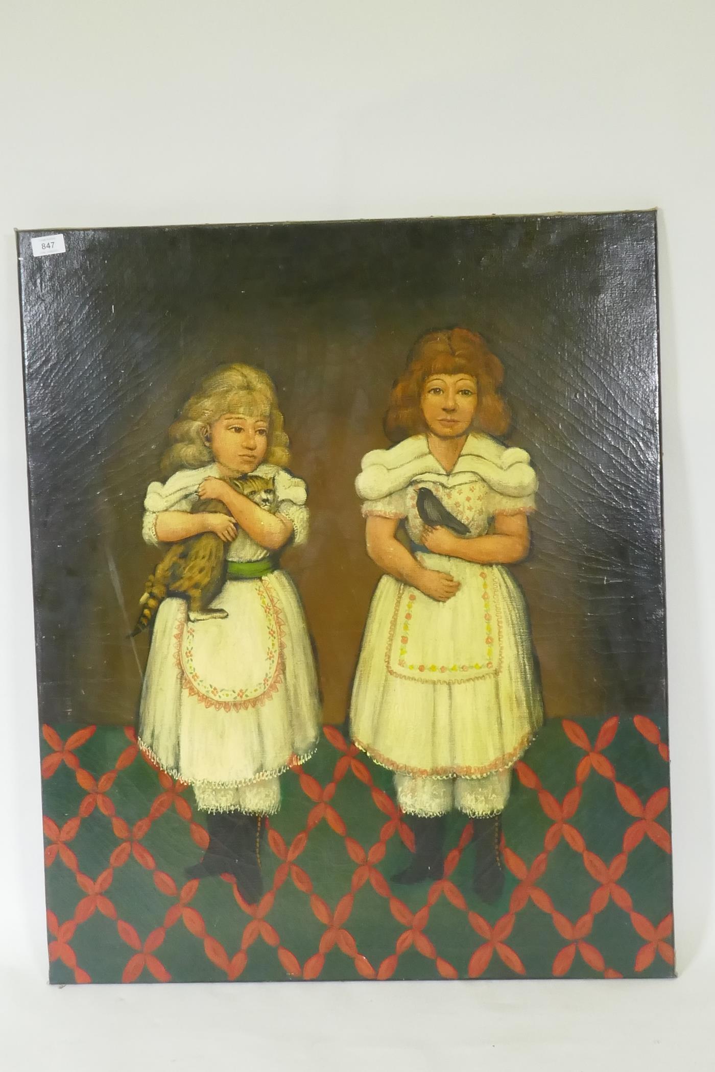 Naive portrait of two young girls, one with a cat, the other a bird, oil on canvas, C20th, 77 x 92cm - Image 2 of 4