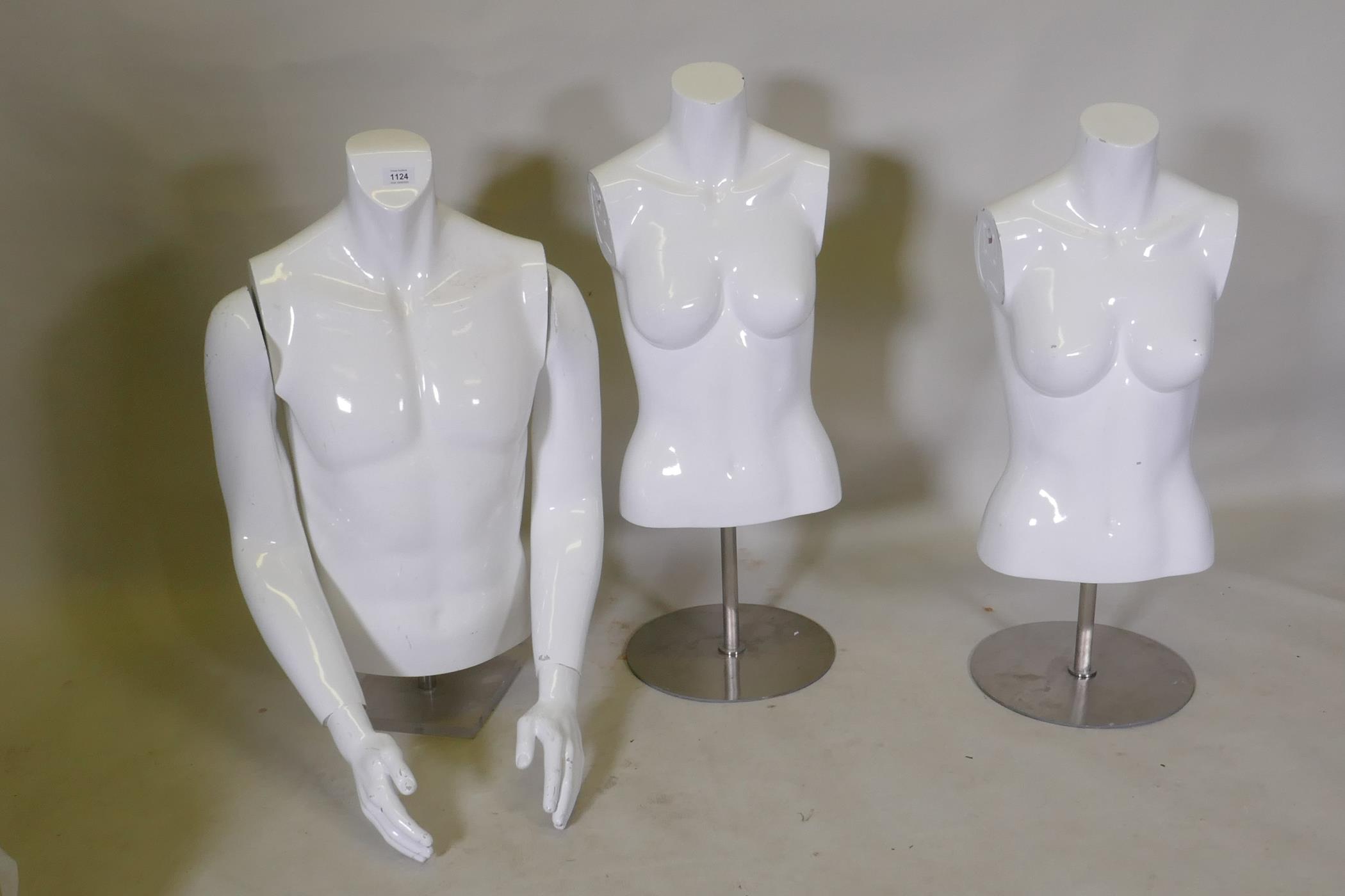 Three acrylic shop mannequins, 85cm high