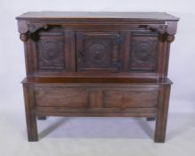 Late C18th/early C19th French oak side/food cupboard, with triple panel front and single door,