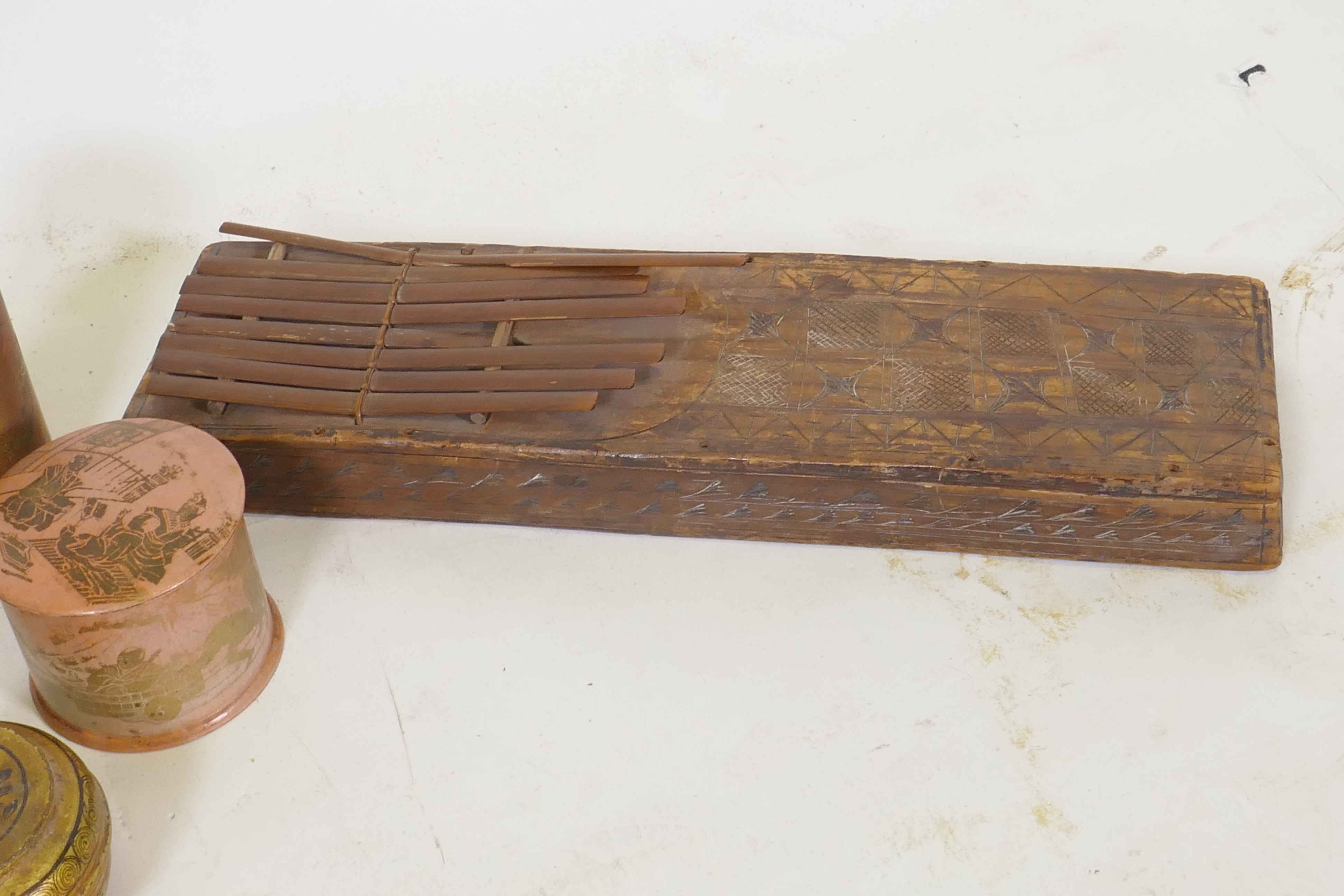 An antique African Kalimba/lamellophone, 36cm long, and a collection of Chinese lacquered boxes with - Image 2 of 4