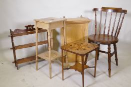 A C19th pine two tier jardiniere stand, a pine hanging cupboard, parquetry top table, open shelf