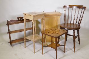 A C19th pine two tier jardiniere stand, a pine hanging cupboard, parquetry top table, open shelf