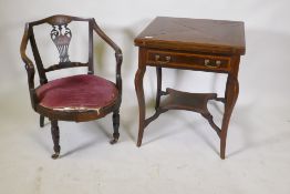 A Victorian inlaid mahogany envelope card table with single drawer, raised on shaped supports united