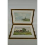 Tatton Winter, boatman in a Norfolk river scene, and a study of a figure by farm buildings, signed