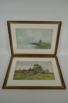 Tatton Winter, boatman in a Norfolk river scene, and a study of a figure by farm buildings, signed