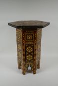 A Damascus marquetry hexagonal topped occasional table, AF losses, 33 x 33cm, 44cm high