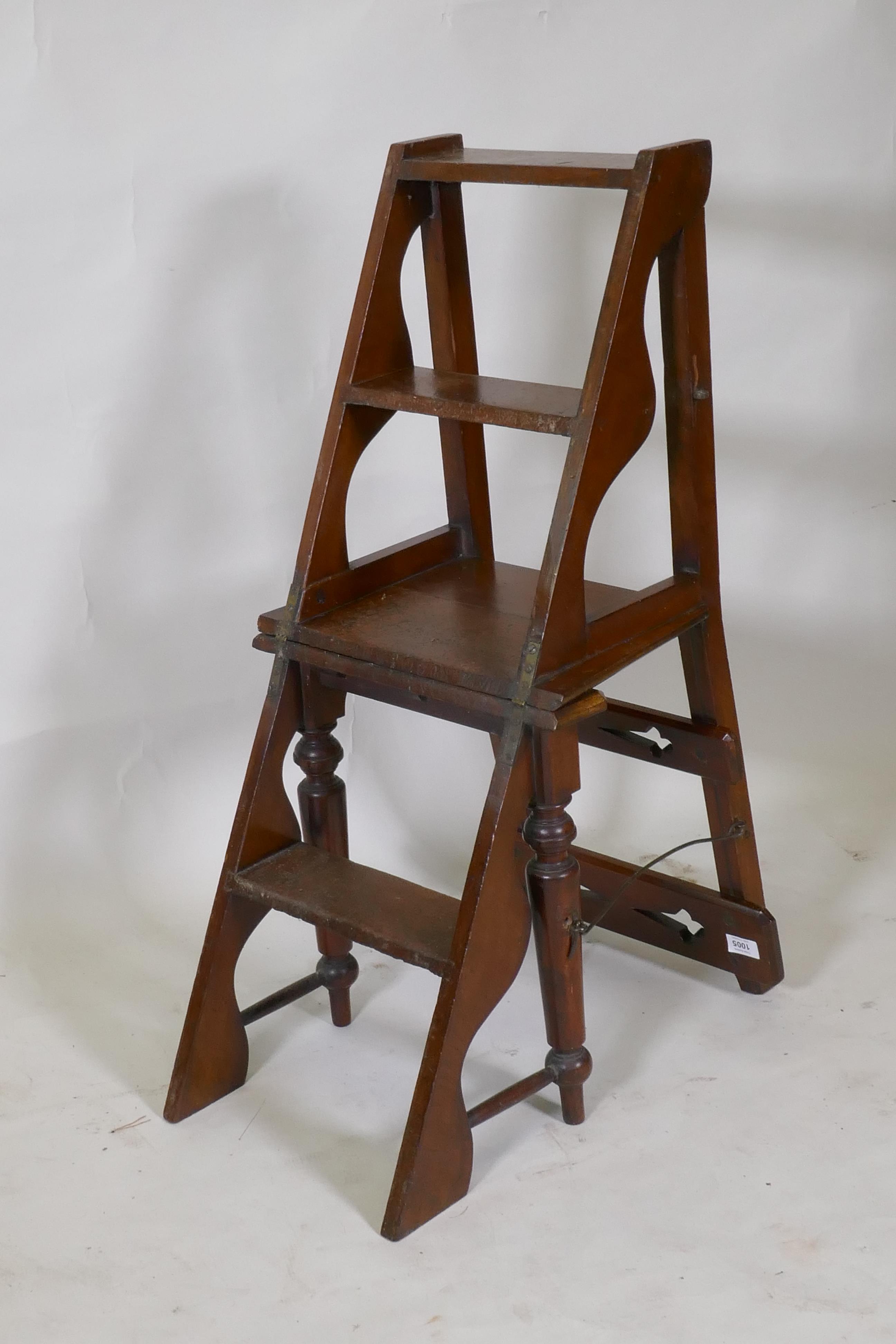 A C19th set of walnut metamorphic library steps with pierced Gothic style decoration - Image 2 of 2