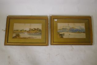 E. Earp, landscape with barges and lake scene, watercolours, signed, 27 x 50cm
