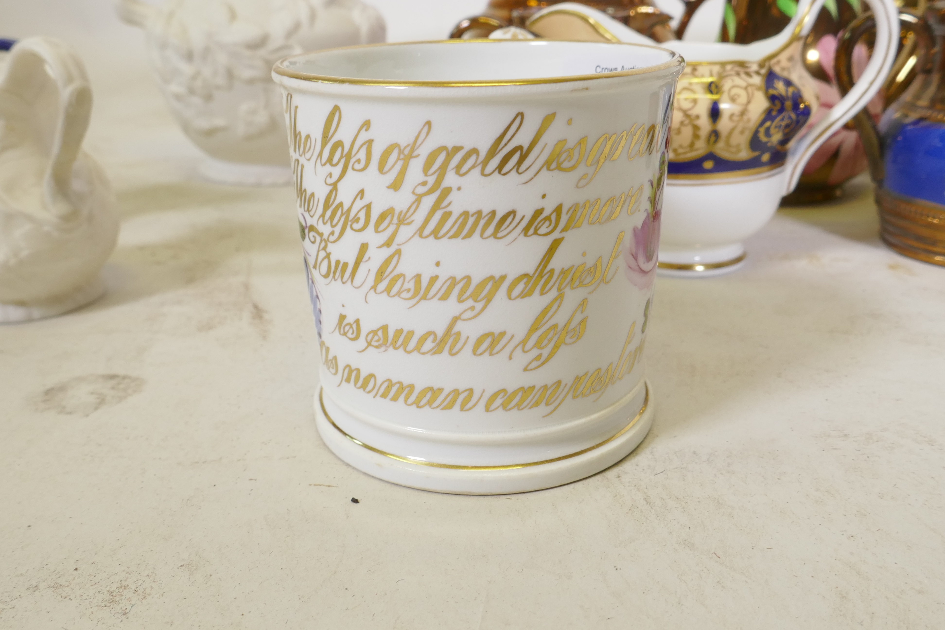 A C19th creamware mug, with hand painted floral decoration and inscription in gilt, 9cm high, and - Image 3 of 10