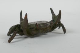 A Japanese style bronze okimono crab, 9cm wide