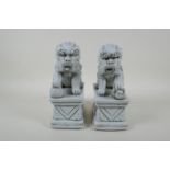 A pair of Chinese blanc de chine porcelain temple lions, impressed marks to the reverse, 24cm high