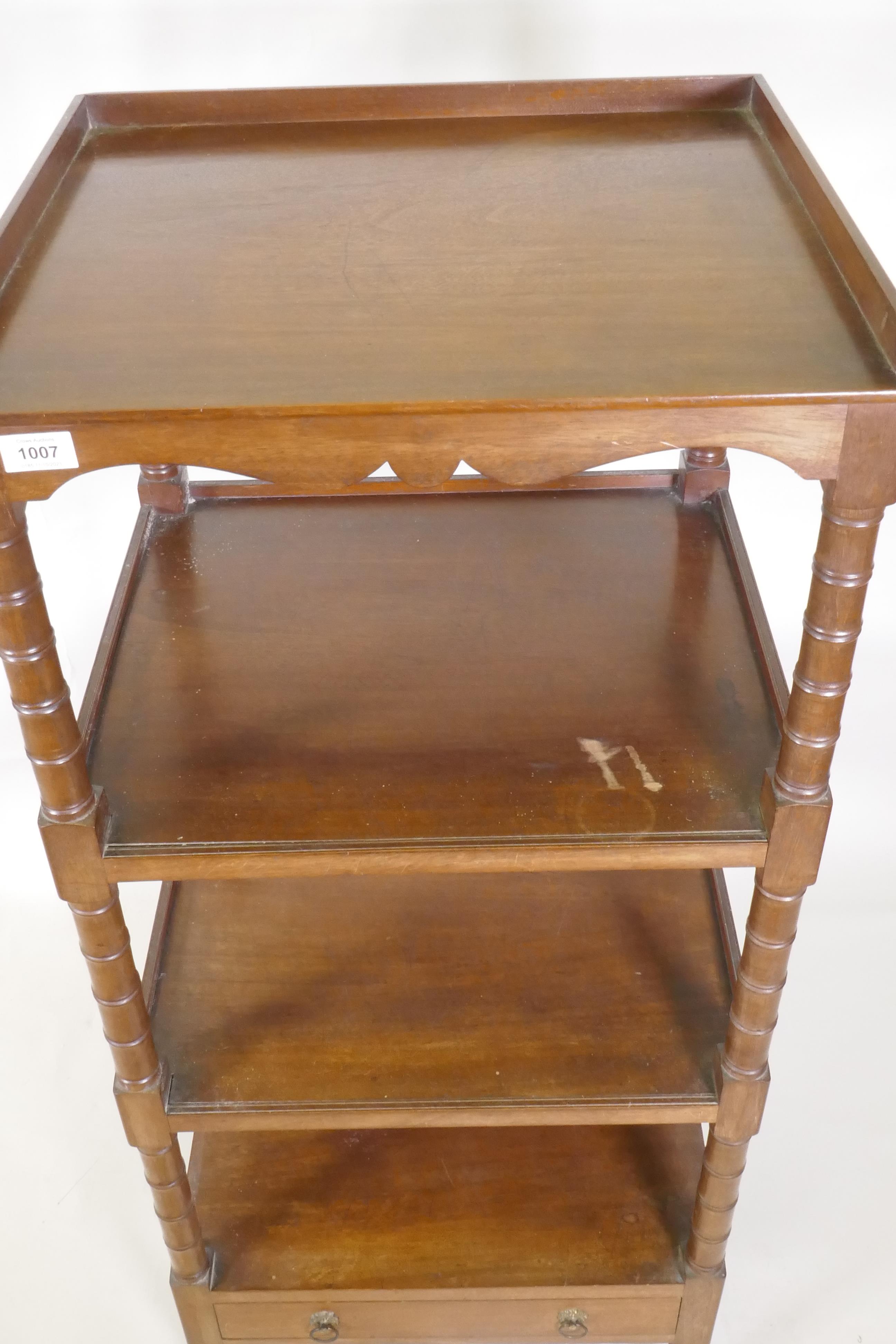 A Regency mahogany four tier etagere, with three quarter galleried top and shaped frieze, the - Image 4 of 4