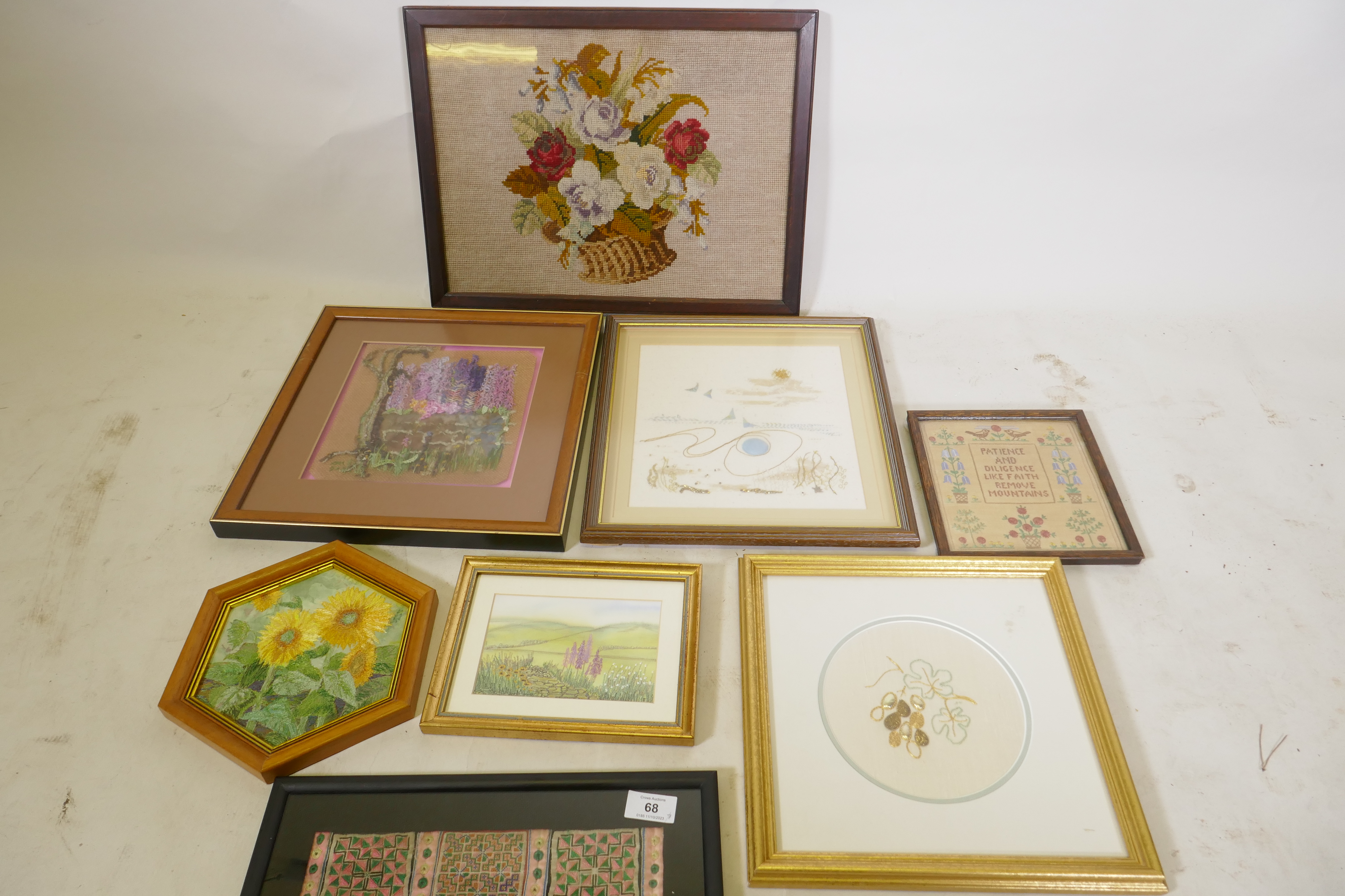 An antique sampler, 20 x 18cm, and contemporary embroideries, Barbara Walters 'Sunflowers', Rita