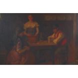 Interior scene with figures at a table, monogrammed F.H. (Frank Hull?), late C19th oil on canvas, 50
