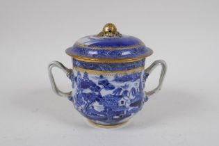 An C18th Pearlware two handled jar and cover, decorated with the Willow pattern, with historic