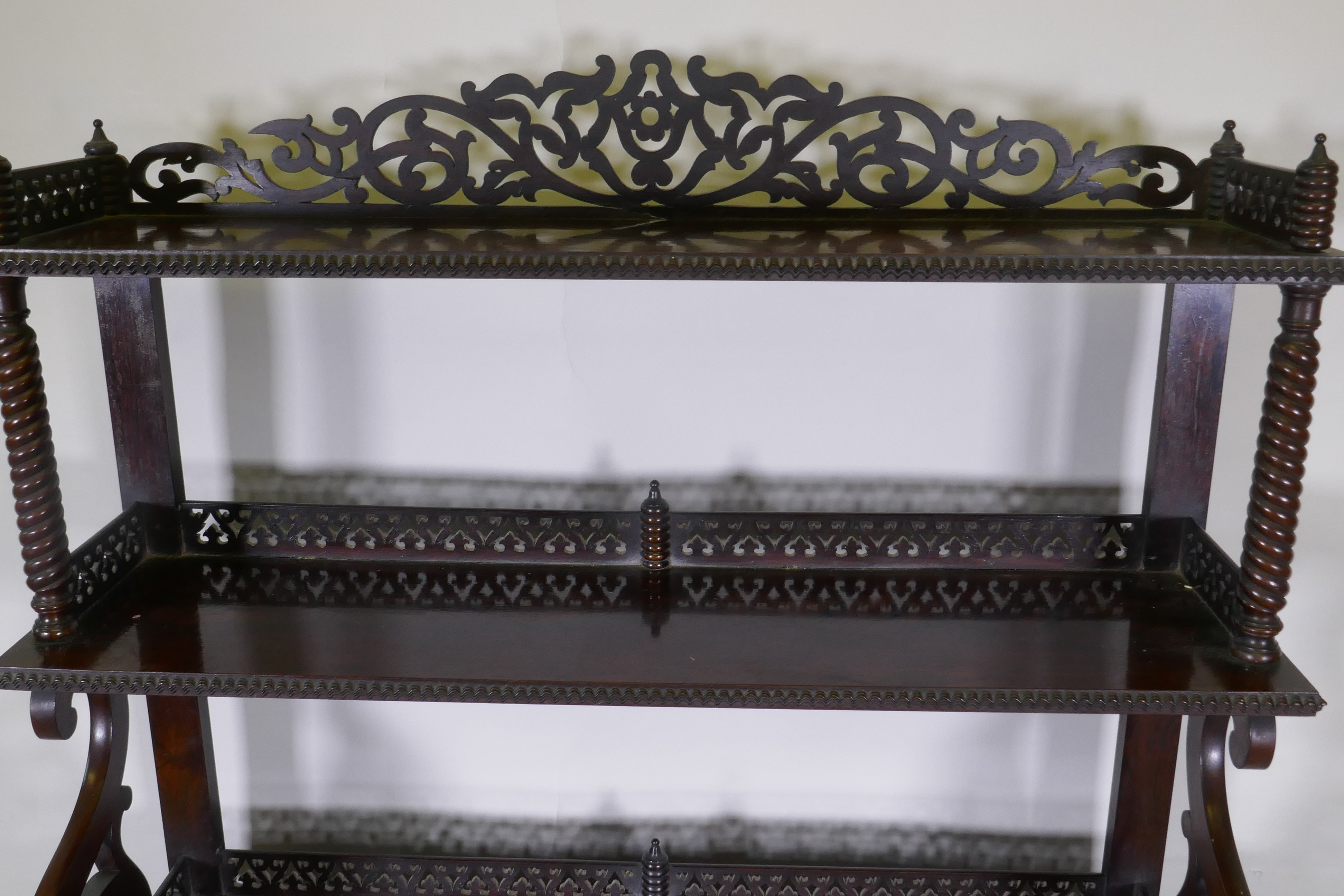 William IV? rosewood six tier etagere, with pierced and carved galleries, the shelves united by - Image 2 of 8