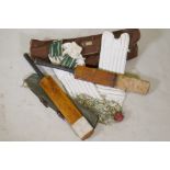 A collection of vintage cricket equipment to include two Keith Miller autograph bats, a set of pads,