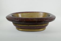 An oriental brass bound wood basin with metal liner, 51 x 40cm