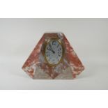 An Art Deco French rouge marble mantel clock with an eight day brass movement, 24cm high