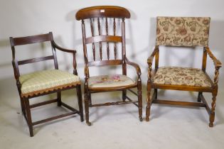 A Georgian mahogany elbow chair, a Victorian high back chair and a barley twist open arm chair