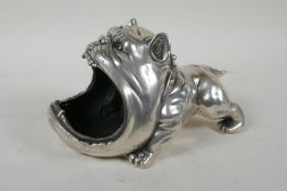 A silvered metal ash tray/salt pig in the form of a bulldog, 19cm long