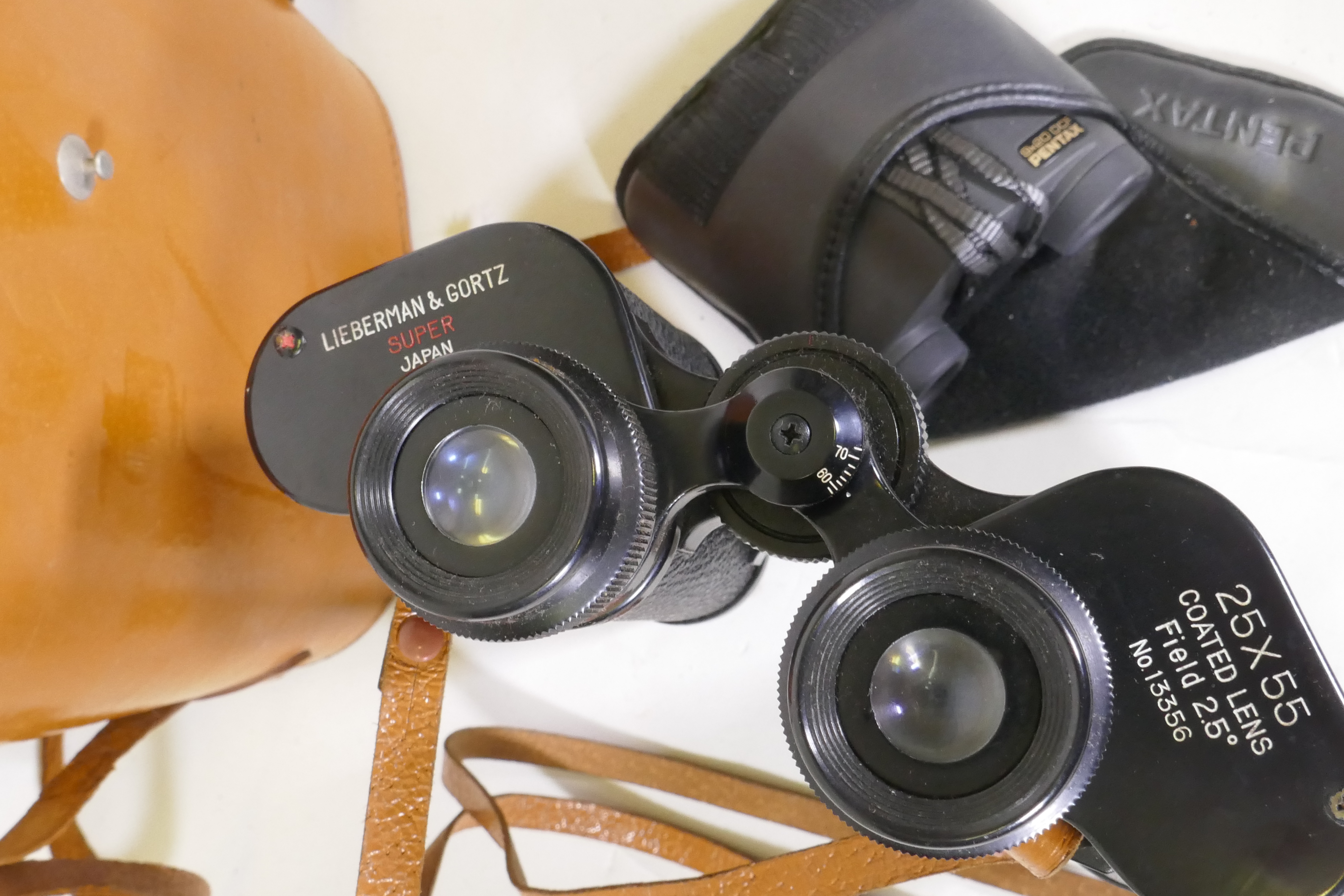 Liebermann and Gortz 25 x 25 field glasses in leather case, and a pair of Pentax 9x20 binoculars - Image 2 of 3