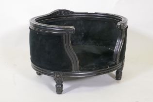 A painted wood cat bed with velvet covers, 50cm wide, 32cm high