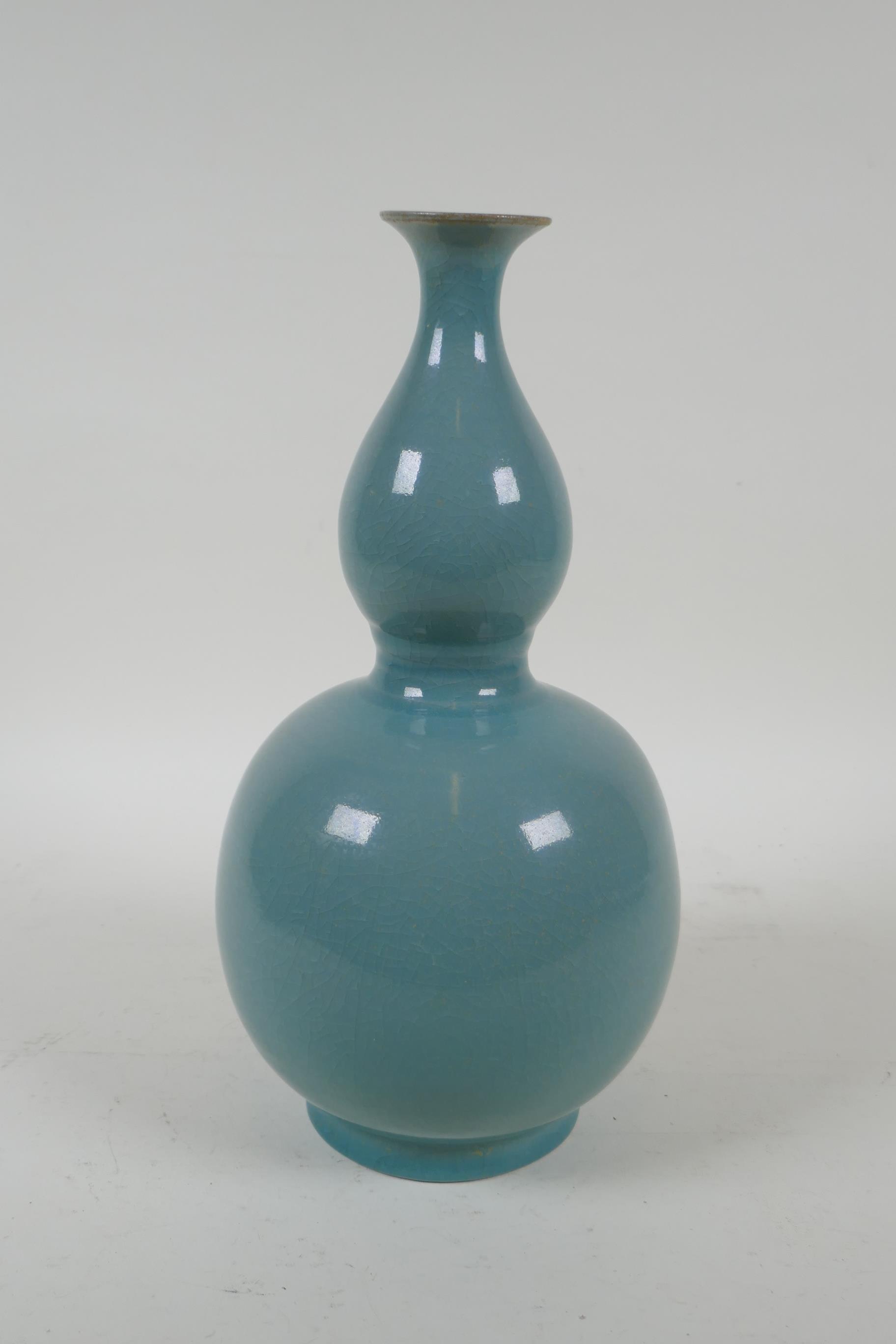 A Chinese ru ware style double gourd porcelain vase, 28cm high - Image 3 of 4