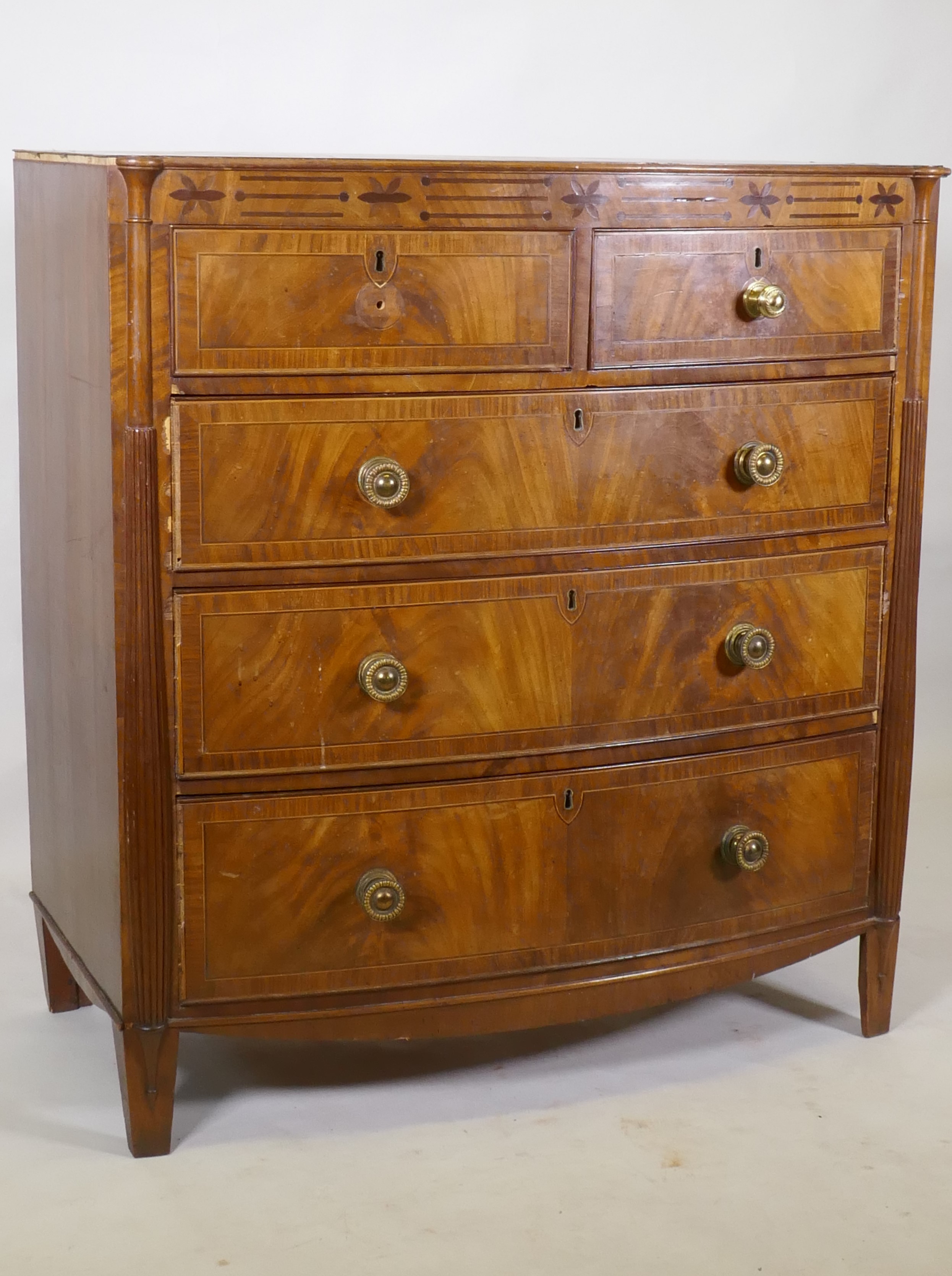 A Regency mahogany bowfront chest, with inlaid frieze and two over three drawers, flanked by - Image 2 of 6