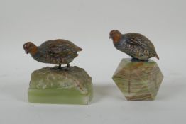 Two Austrian cold painted bronze grouse, mounted on banded agate bases, largest 10cm high