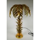 A gilt metal table lamp in the form of a palm tree, 74cm high